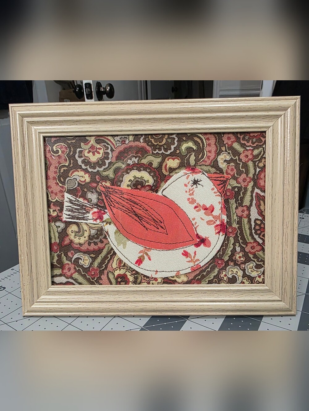 Coral and Cream Bird Fabric Art in Light Frame - Home Accents